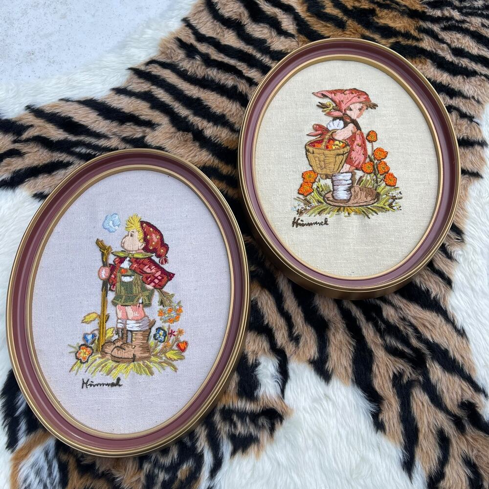 Vintage Hummel Crewel Embroidery Wall Art Pair Oval Framed Children 13x10